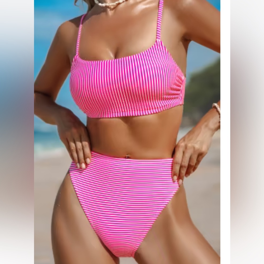 Textured Pink Bikini Top & High-Cut Bottoms Set
